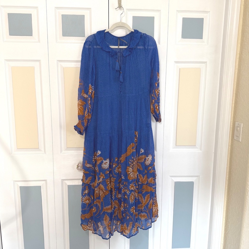 Anthropologie The Marais Blue Floral Print Tiered‎ Ruffle Neck Midi Dress XS